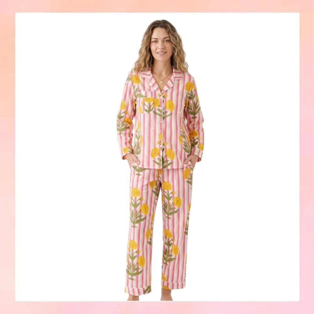 Print Floral Stripe Pajama Set with Matching Travel Pouch - Size M